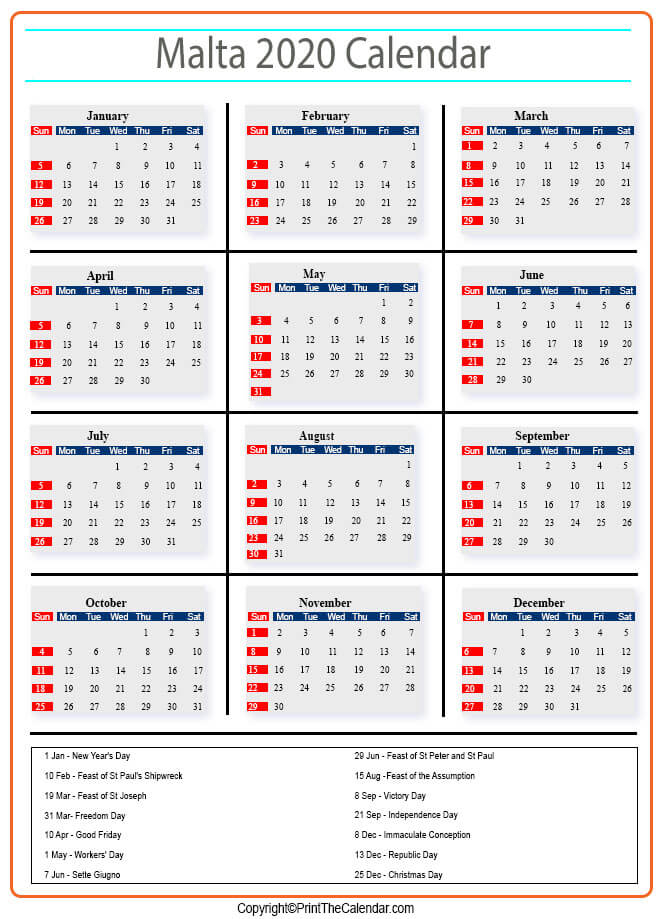 Malta Calendar 2020